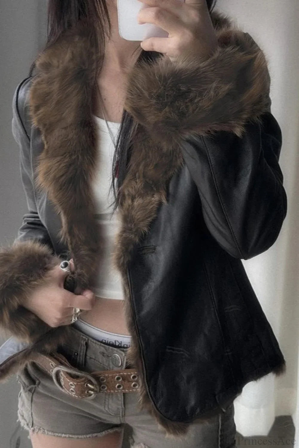 Vintage Y2K Furry Collar Leather Waist - Cinching Jacket