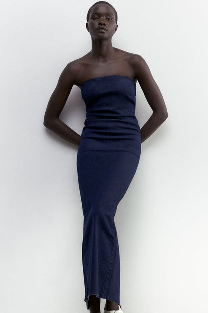 Strapless Denim Texture Frayed Hem Bodycon Maxi Dress