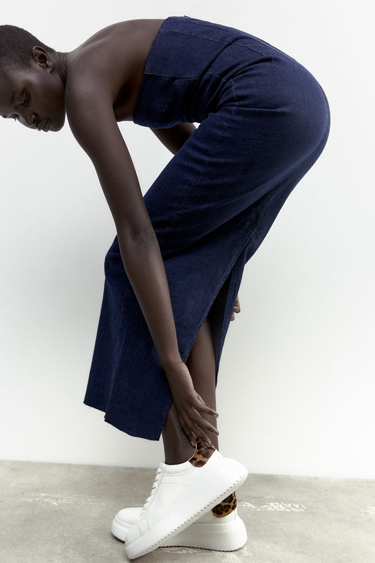 Strapless Denim Texture Frayed Hem Bodycon Maxi Dress