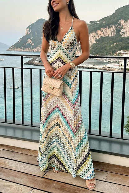 Missoni Summer Knit Colorful Herringbone Print Open Beck Maxi Dress