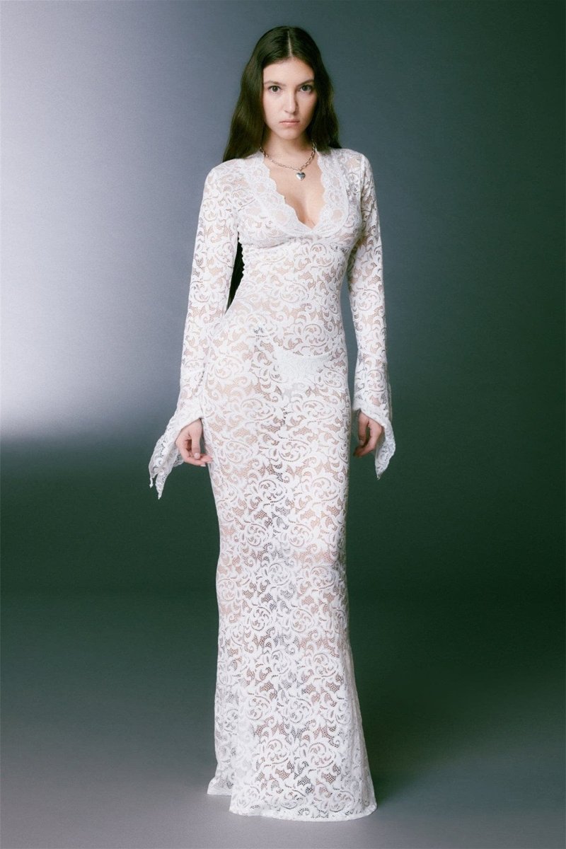 Deep V Neck Floral Lace Bell Sleeve Scalloped Trim Column Maxi Gown