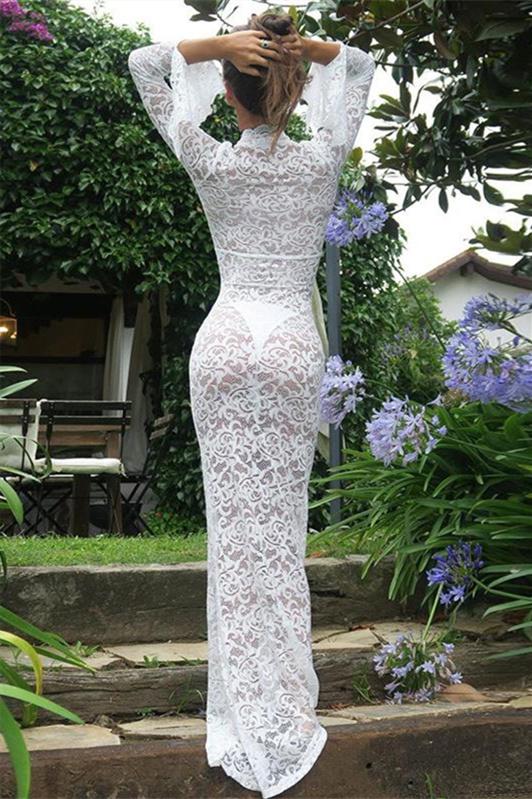 Deep V Neck Floral Lace Bell Sleeve Scalloped Trim Column Maxi Gown