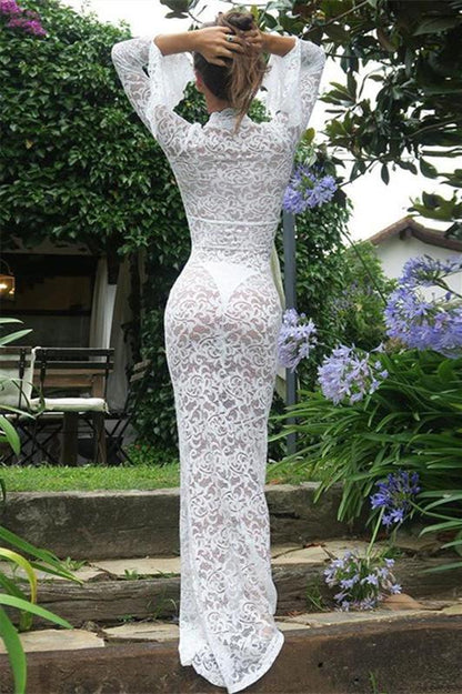 Deep V Neck Floral Lace Bell Sleeve Scalloped Trim Column Maxi Gown