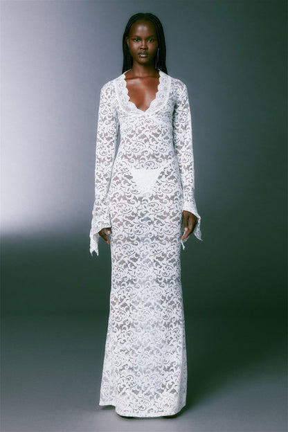 Deep V Neck Floral Lace Bell Sleeve Scalloped Trim Column Maxi Gown