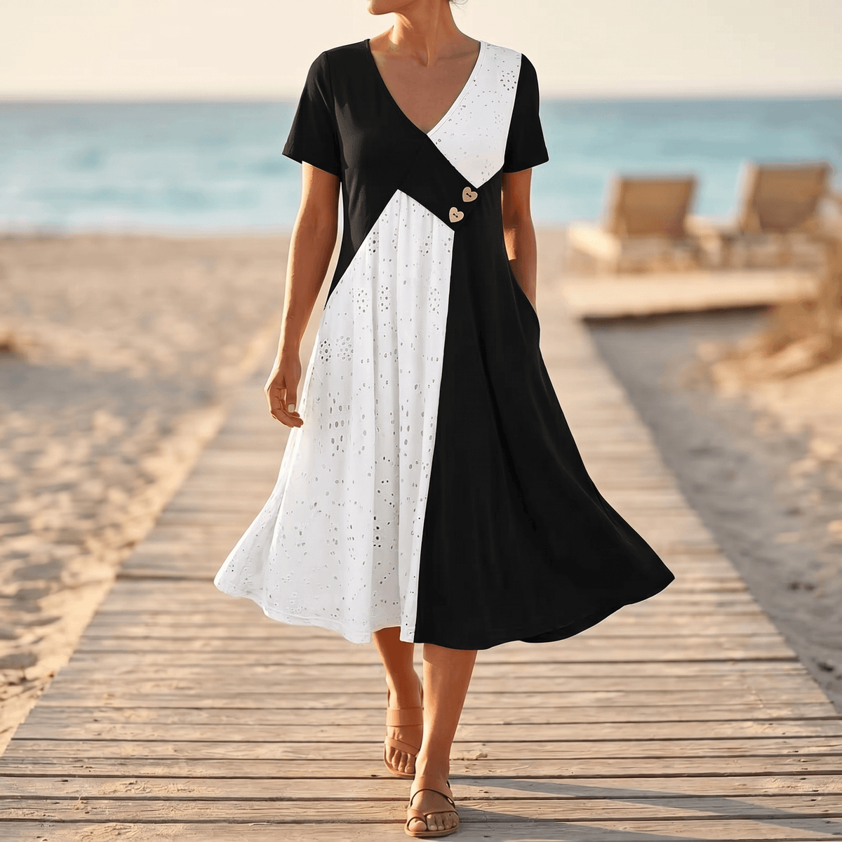 Diagonal Patchwork V-Neck Midi Dress