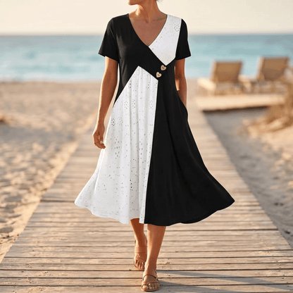 Diagonal Patchwork V-Neck Midi Dress