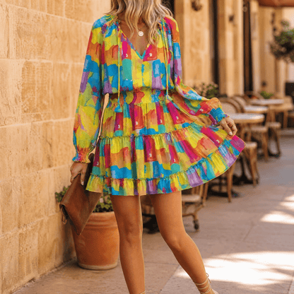 V-Neck Ruffle Mini Dress with Lantern Sleeves