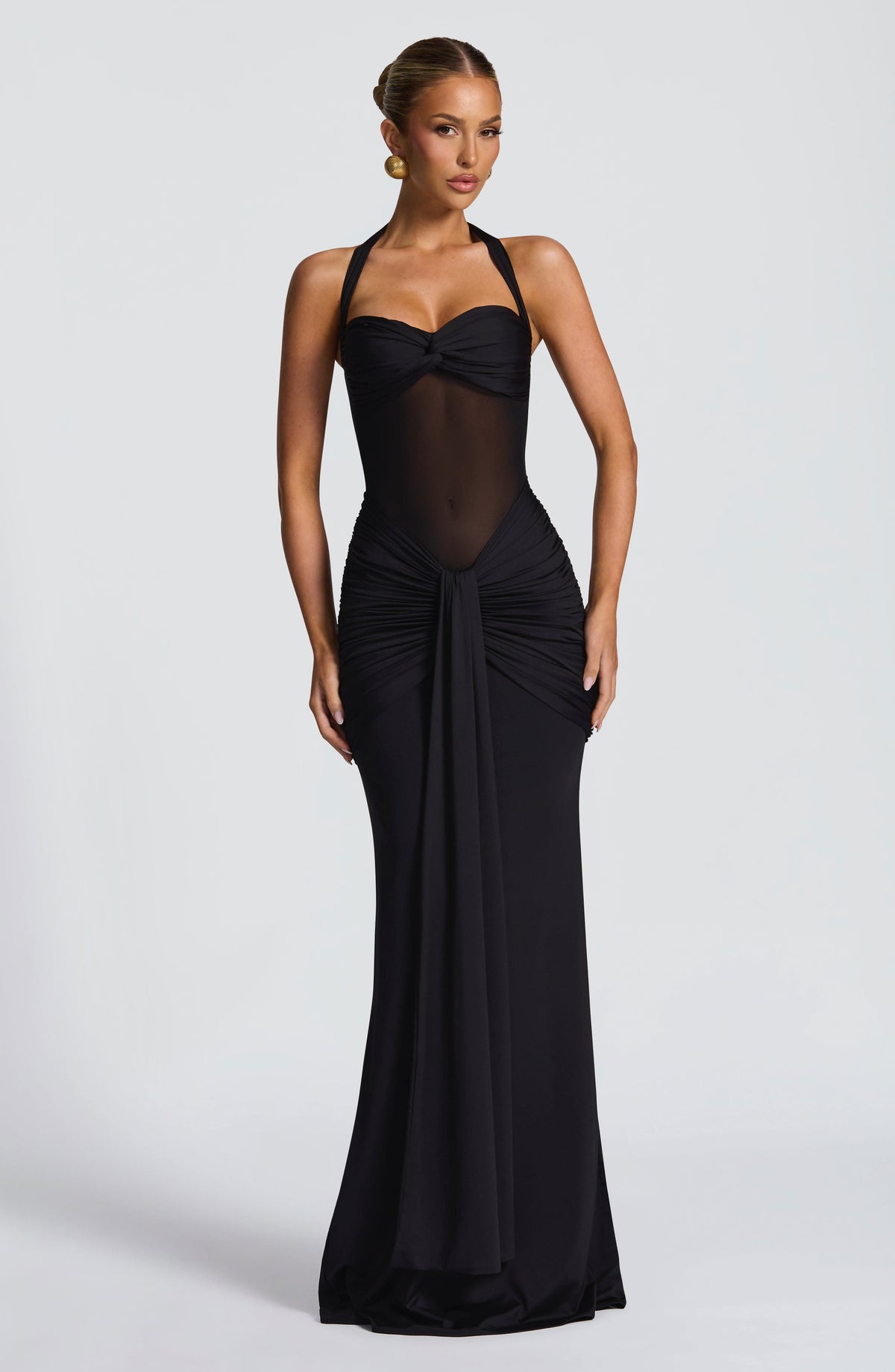 Halter Twist Front Mesh Panel Ruched Drape Front Maxi Dress