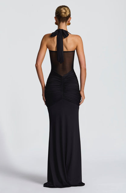 Halter Twist Front Mesh Panel Ruched Drape Front Maxi Dress
