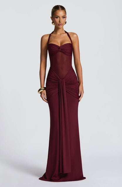 Halter Twist Front Mesh Panel Ruched Drape Front Maxi Dress
