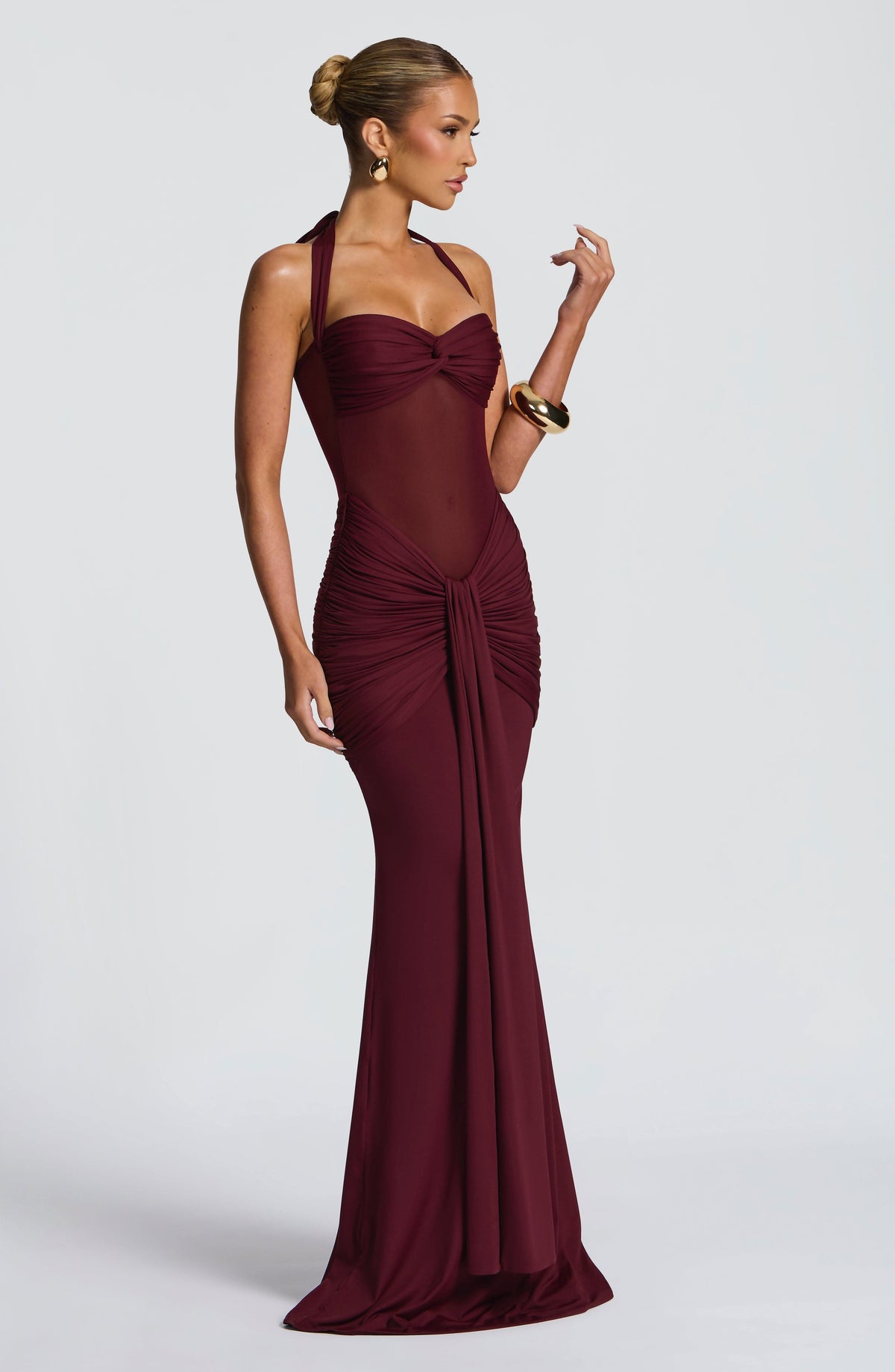 Halter Twist Front Mesh Panel Ruched Drape Front Maxi Dress