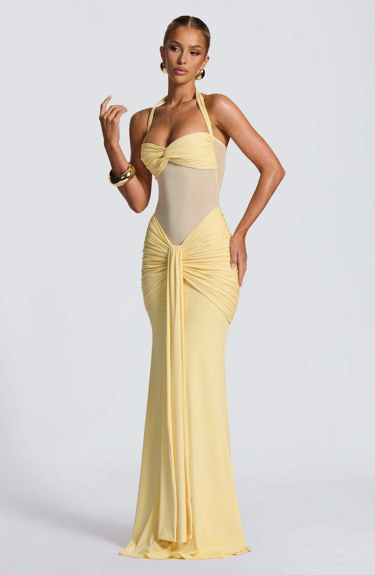 Halter Twist Front Mesh Panel Ruched Drape Front Maxi Dress