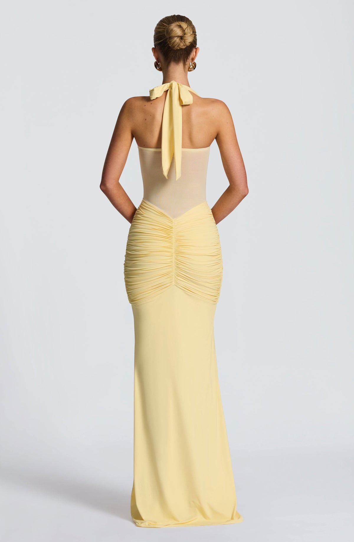 Halter Twist Front Mesh Panel Ruched Drape Front Maxi Dress