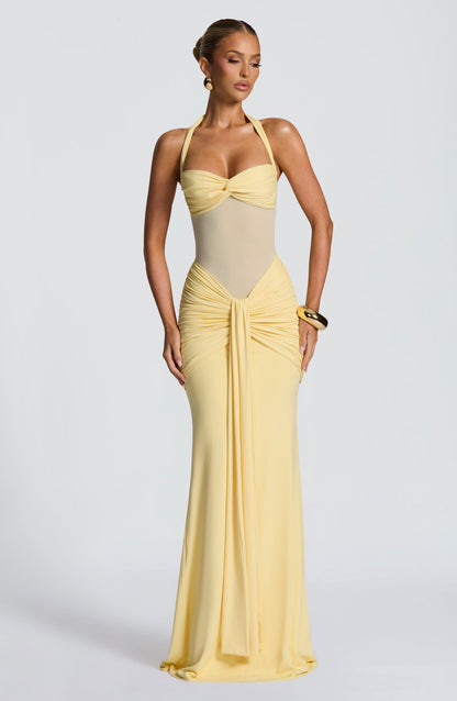 Halter Twist Front Mesh Panel Ruched Drape Front Maxi Dress