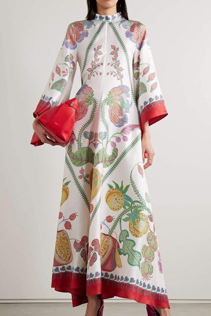 Botanical Print Tie-Neck Bell Sleeve Border Trim Maxi Dress