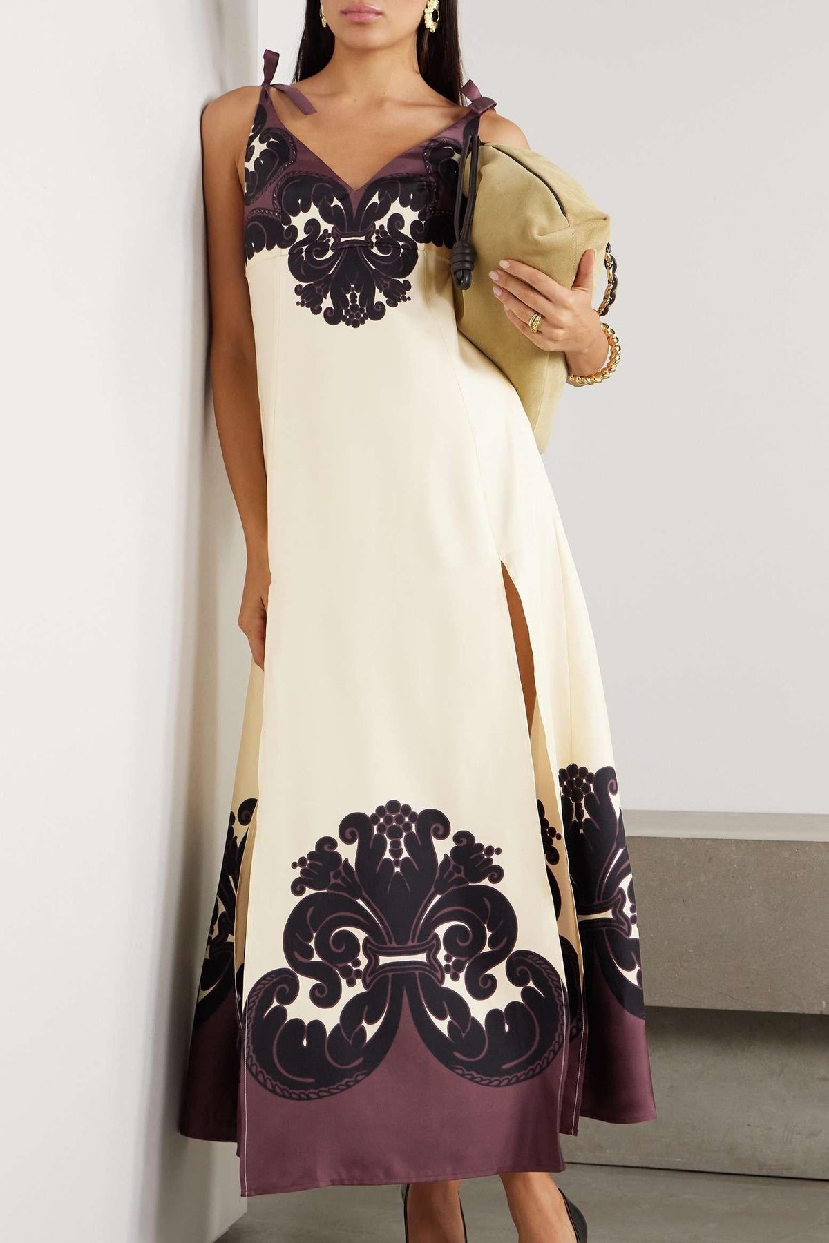 Tie Strap Deep V-Neck Damask Print Border Satin Slip Maxi Dress