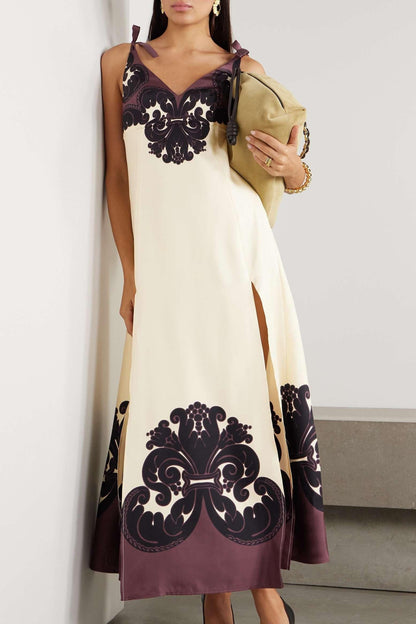 Tie Strap Deep V-Neck Damask Print Border Satin Slip Maxi Dress