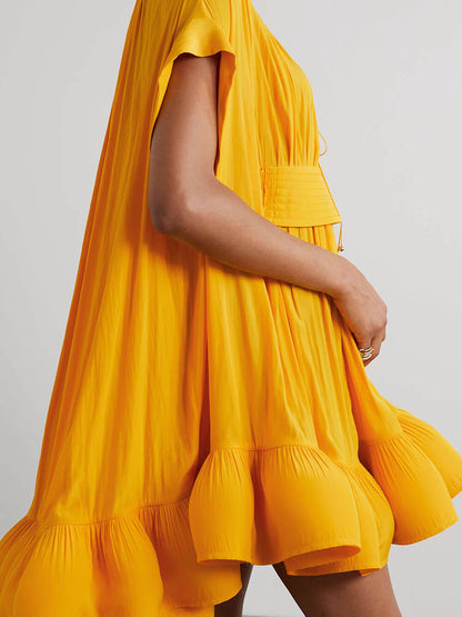 Ruffle Collar Cummerbund Waist Balloon Ruffle Hem Mini Dress