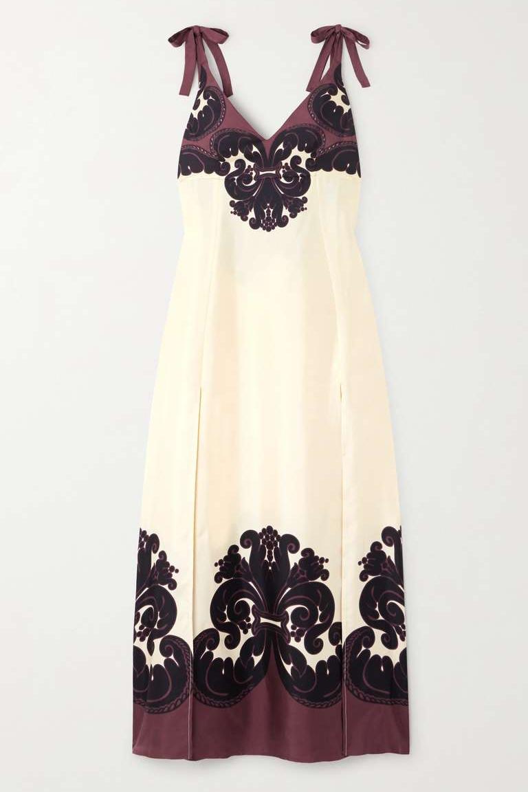 Tie Strap Deep V-Neck Damask Print Border Satin Slip Maxi Dress