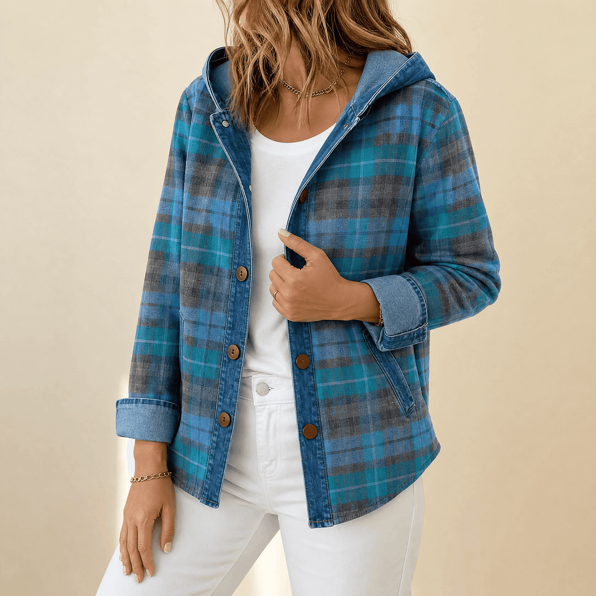 Women’s Contrast Denim Plaid Hooded Jacket