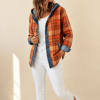 Women’s Contrast Denim Plaid Hooded Jacket