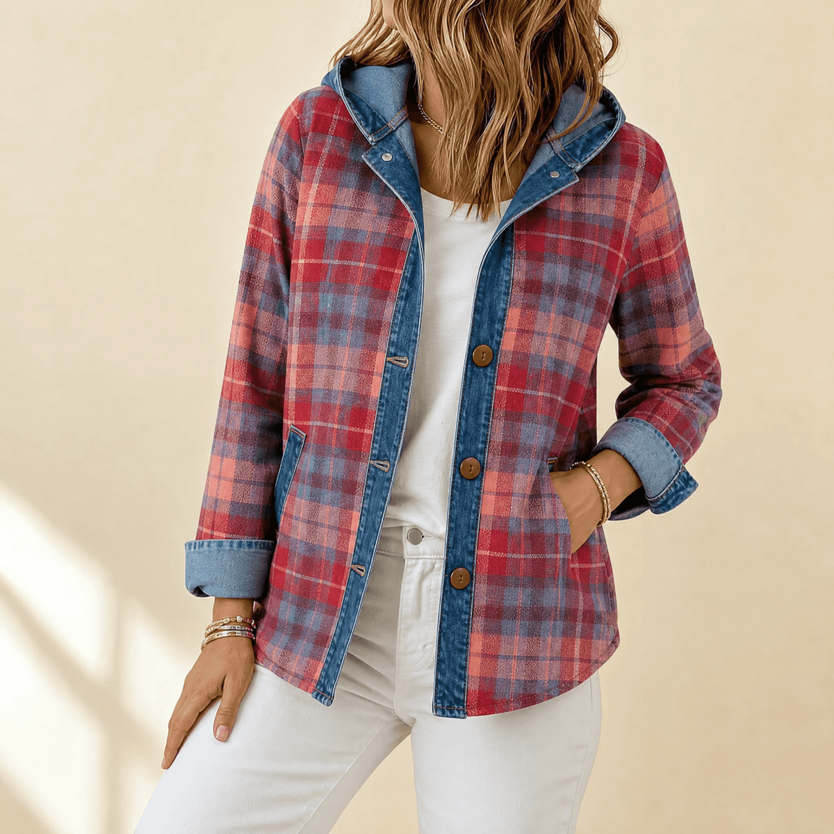 Women’s Contrast Denim Plaid Hooded Jacket