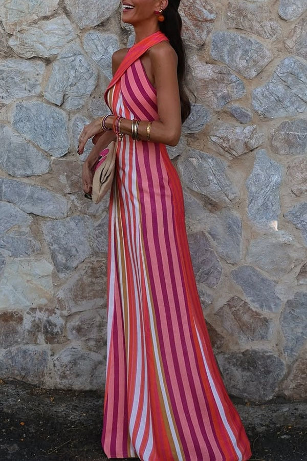 Sunset Breeze Linen Blend Colorful Stripes Cross Halter Flare Maxi Dress