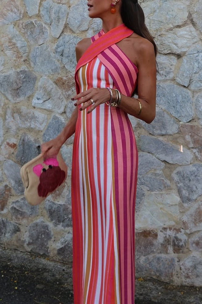 Sunset Breeze Linen Blend Colorful Stripes Cross Halter Flare Maxi Dress