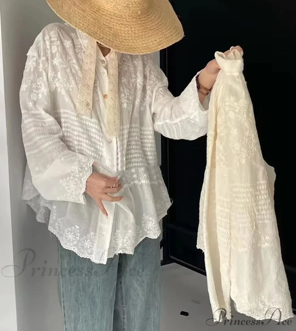 White Cotton Embroidery Lace Long Sleeve Boho Beach Blouse