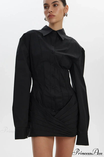 Corset Panel Button Front Layered Wrap Skirt Long Sleeve Mini Shirt Dress