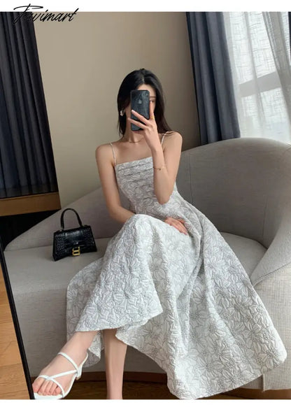 White Midi Dresses for Women New Summer French Style Luxury Look Slim Embossing Clothes Female Vintage Evening Party Dress
