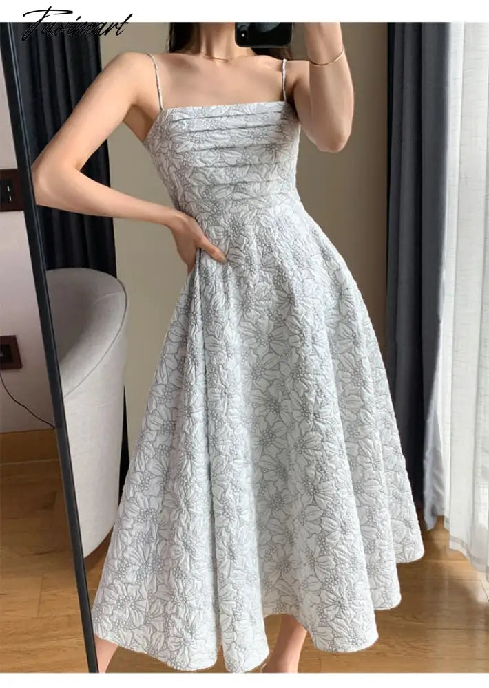 White Midi Dresses for Women New Summer French Style Luxury Look Slim Embossing Clothes Female Vintage Evening Party Dress