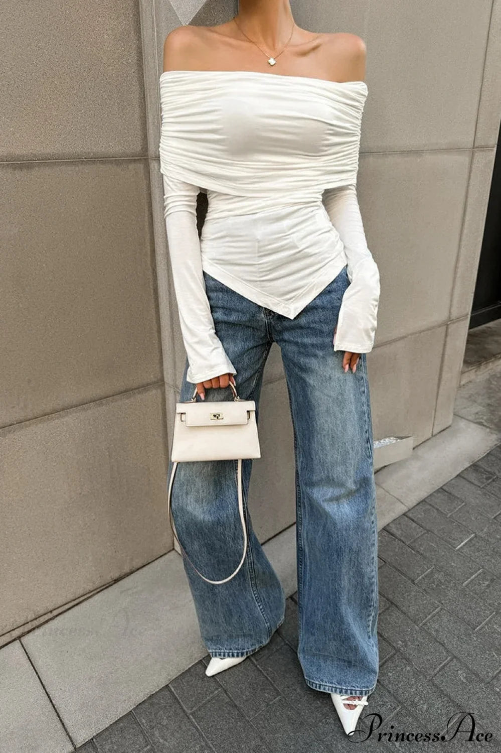 White Off Shoulder Modal Long Sleeve Tee