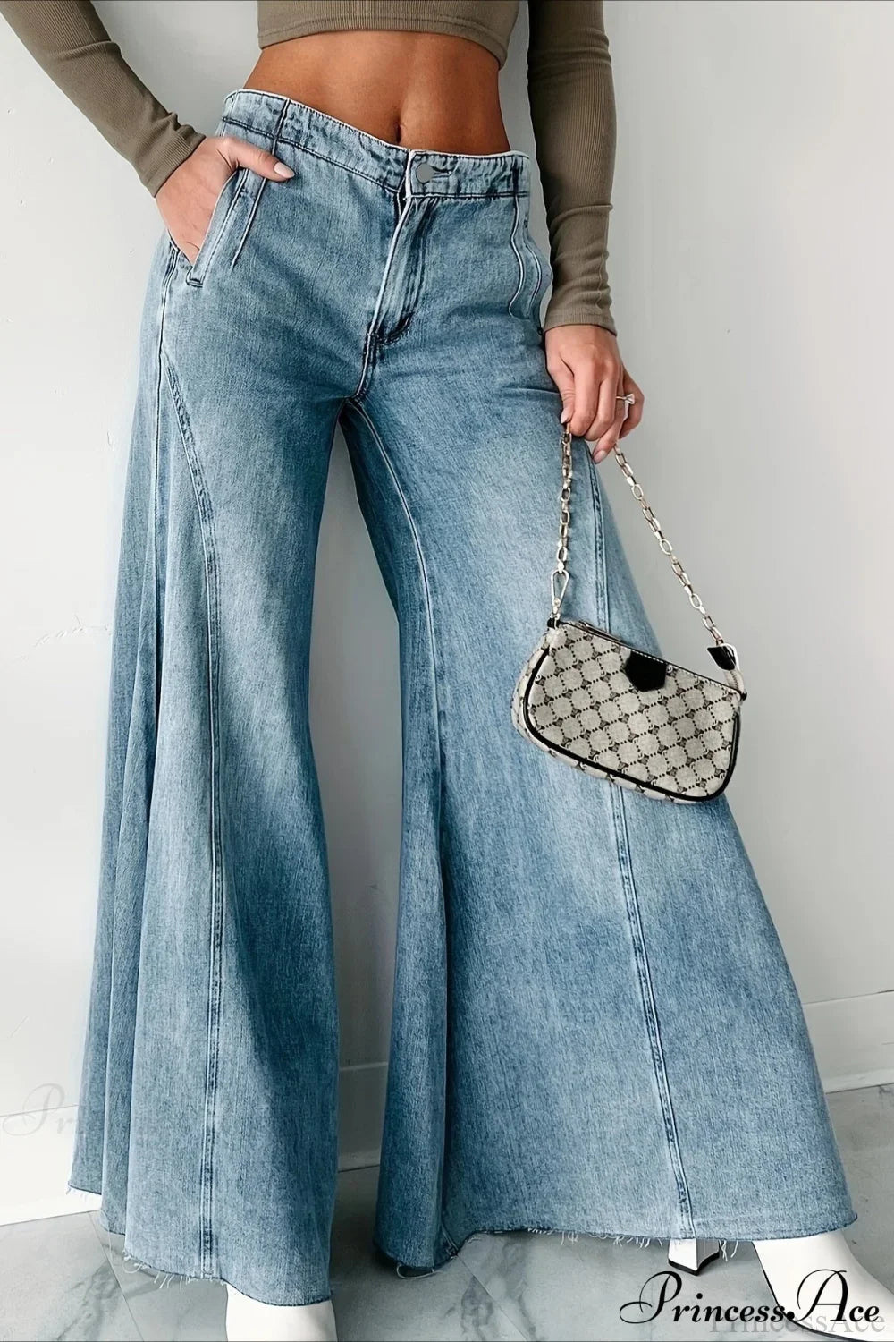 Wide Leg Washed Denim Elegant Simple Jeans