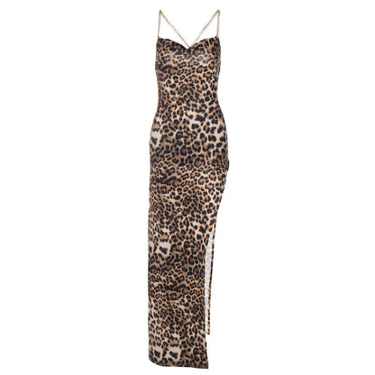 Cowl Neck Chain Strap Spotted Print High Slit Slip Maxi Dress