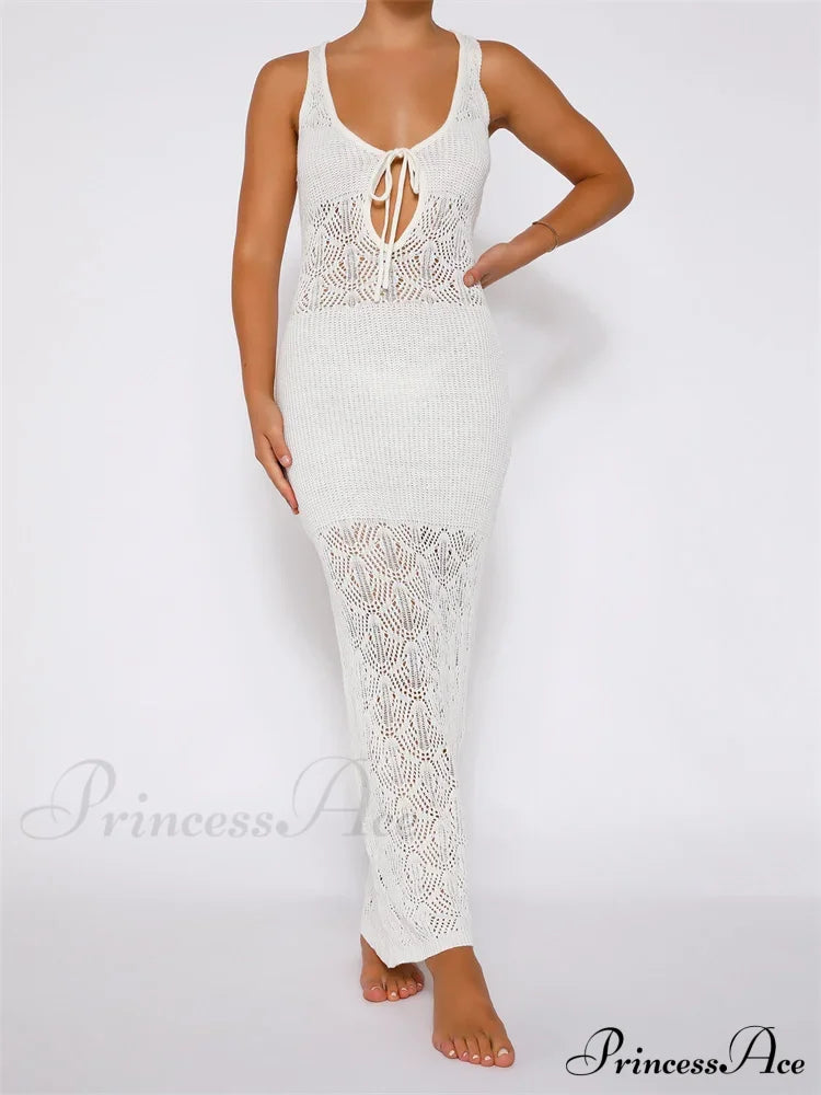 Women Crochet Knitted Hollow Out Backless Spaghetti Strap Halter Lace-up Beachwear Female Vestidos