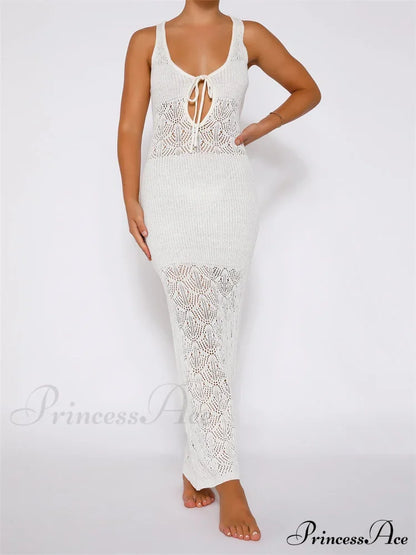 Women Crochet Knitted Hollow Out Backless Spaghetti Strap Halter Lace-up Beachwear Female Vestidos