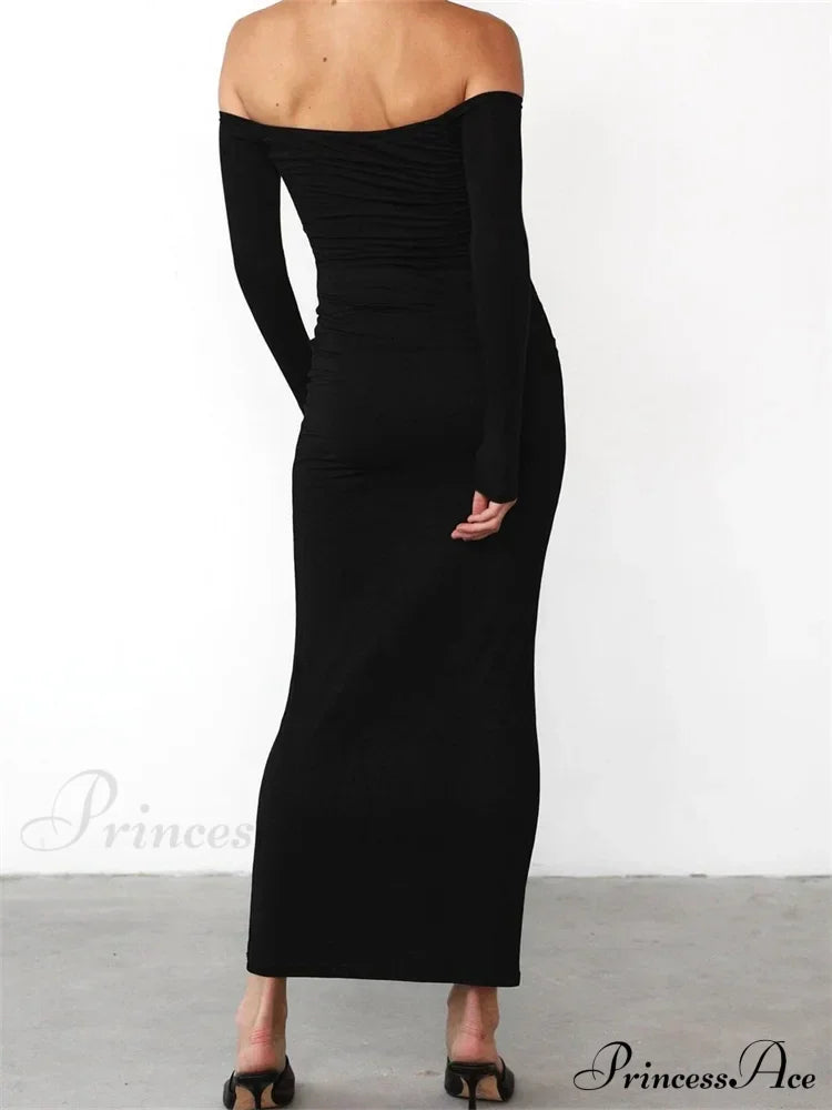 Women Elegant Slash Neck Off-shoulder Solid Color Slim Fit Fall Cocktail Party Female Vestidos