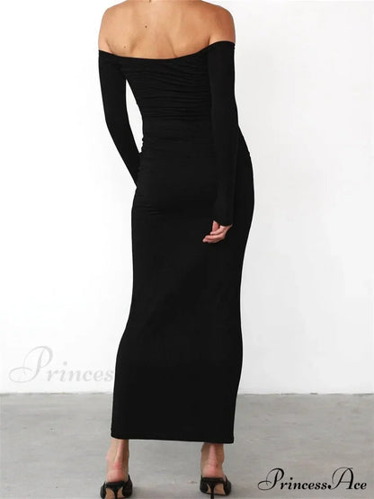 Women Elegant Slash Neck Off-shoulder Solid Color Slim Fit Fall Cocktail Party Female Vestidos