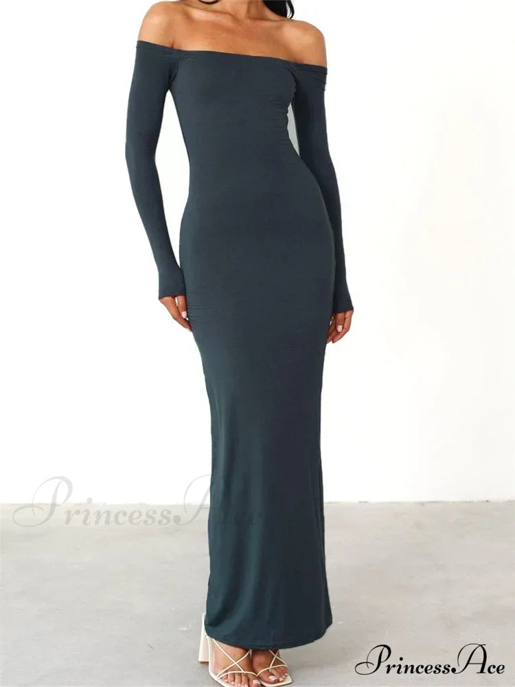 Women Elegant Slash Neck Off-shoulder Solid Color Slim Fit Fall Cocktail Party Female Vestidos