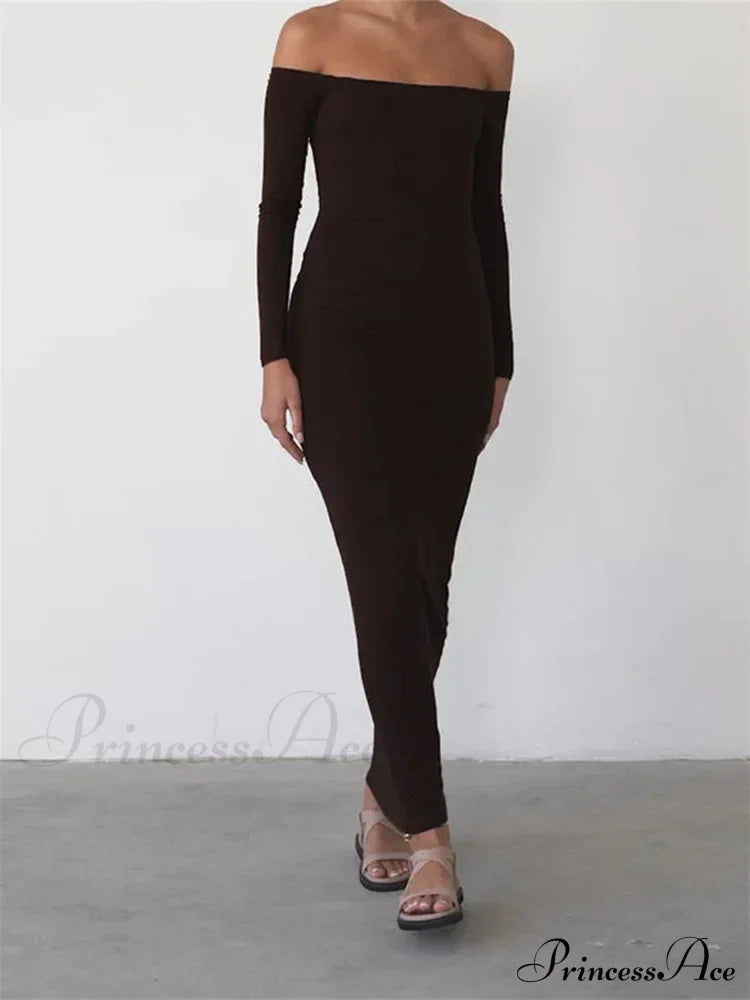 Women Elegant Slash Neck Off-shoulder Solid Color Slim Fit Fall Cocktail Party Female Vestidos