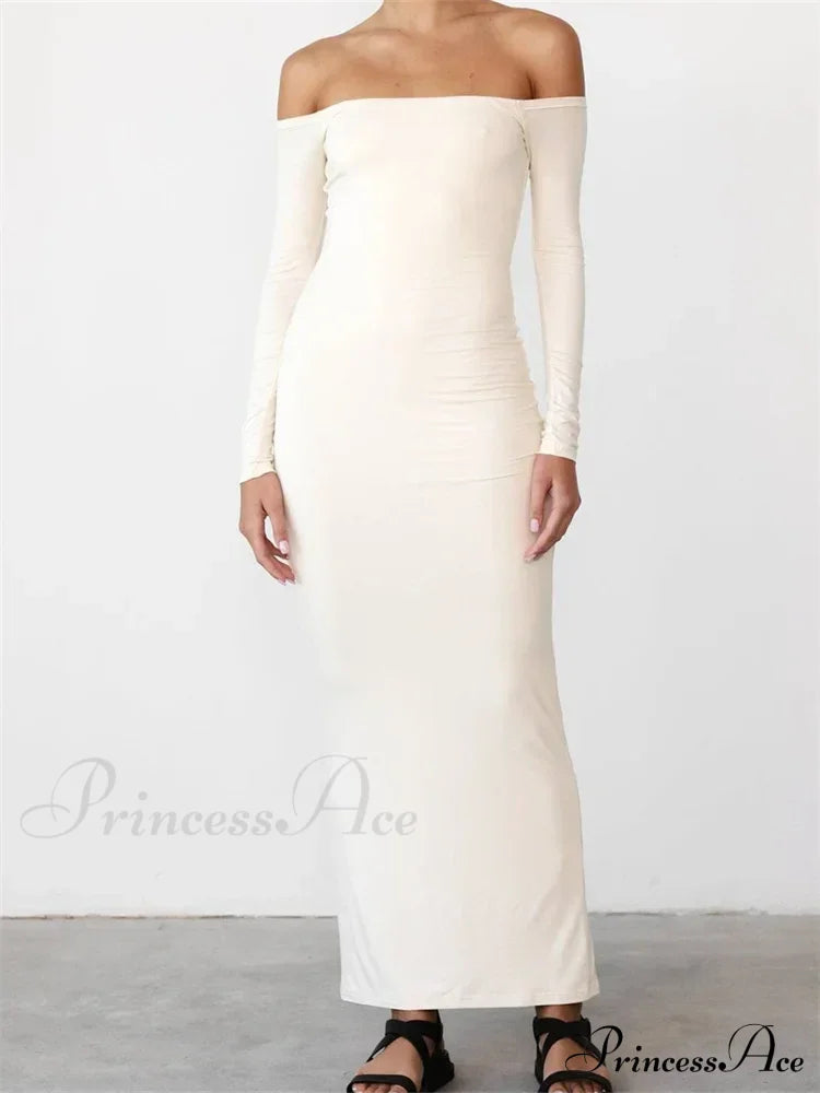 Women Elegant Slash Neck Off-shoulder Solid Color Slim Fit Fall Cocktail Party Female Vestidos