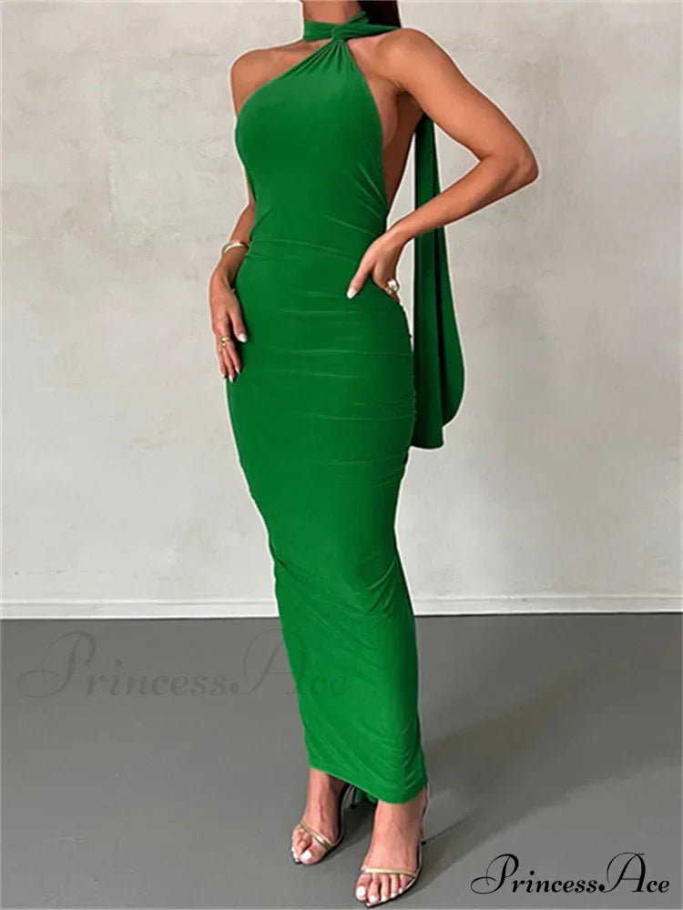 Women Halter Lace-up Sleeveless Off Shoulder Backless Ruched Party Club Solid Color Female Vestidos