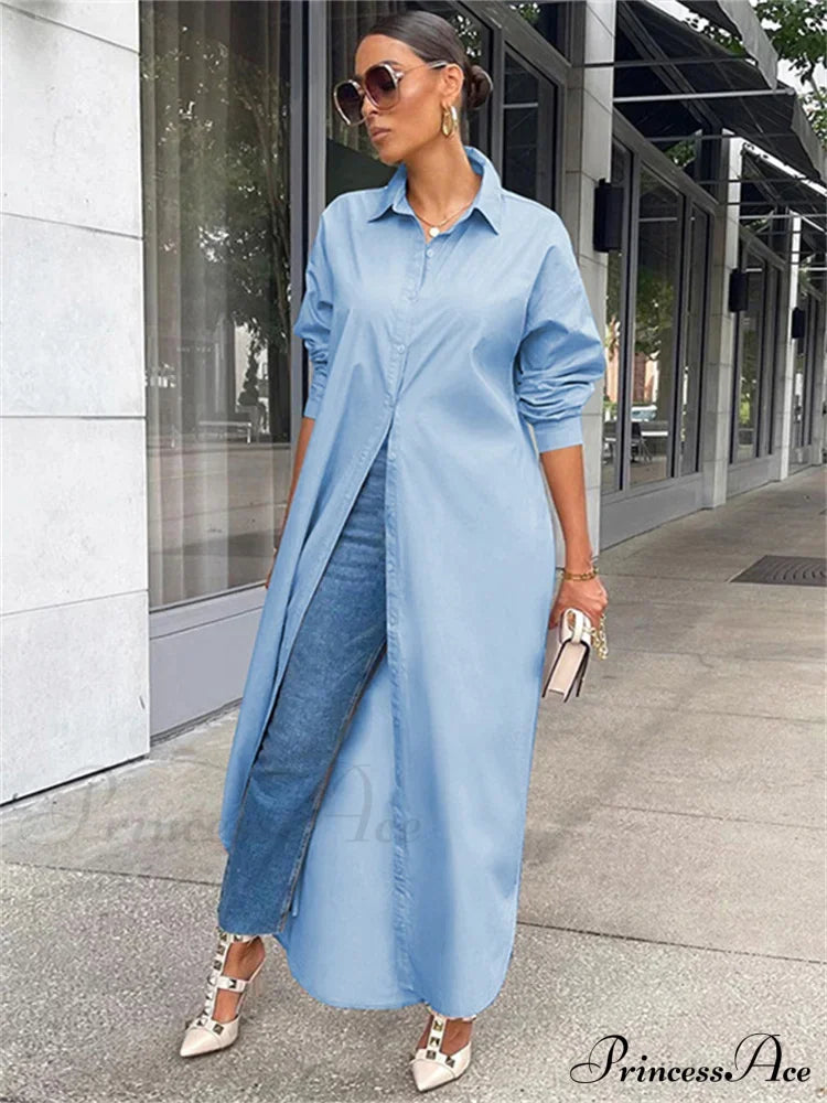 Women Loose Casual Kaftan Shirts Solid Sleeve Lapel Single-breasted Female Vestidos