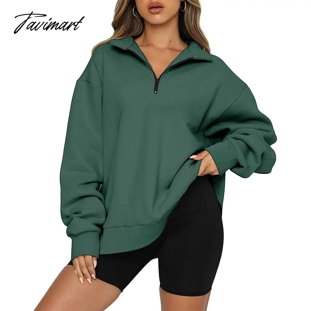 Women's Autumn Oversized Quarter 1/4 Zip Sweatshirts Lapel Collar Long sleeve Drop Shoulder Solid Pullover Jumper Top