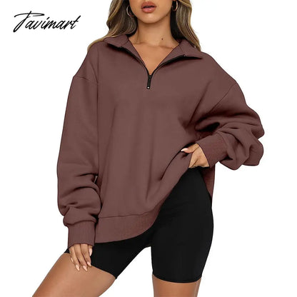 Women's Autumn Oversized Quarter 1/4 Zip Sweatshirts Lapel Collar Long sleeve Drop Shoulder Solid Pullover Jumper Top