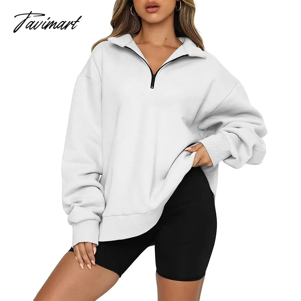 Women's Autumn Oversized Quarter 1/4 Zip Sweatshirts Lapel Collar Long sleeve Drop Shoulder Solid Pullover Jumper Top