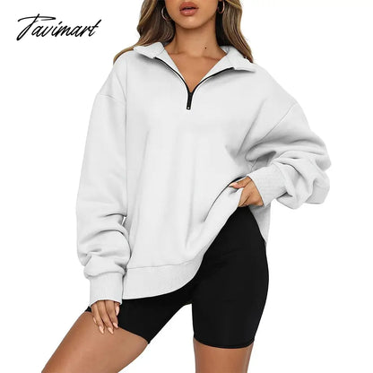 Women's Autumn Oversized Quarter 1/4 Zip Sweatshirts Lapel Collar Long sleeve Drop Shoulder Solid Pullover Jumper Top