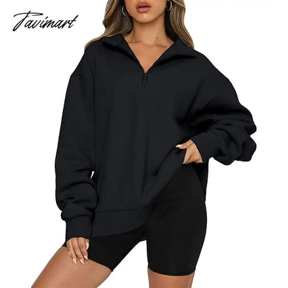 Women's Autumn Oversized Quarter 1/4 Zip Sweatshirts Lapel Collar Long sleeve Drop Shoulder Solid Pullover Jumper Top