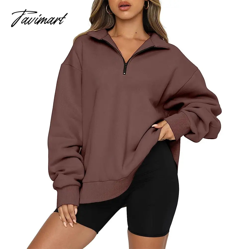 Women's Autumn Oversized Quarter 1/4 Zip Sweatshirts Lapel Collar Long sleeve Drop Shoulder Solid Pullover Jumper Top